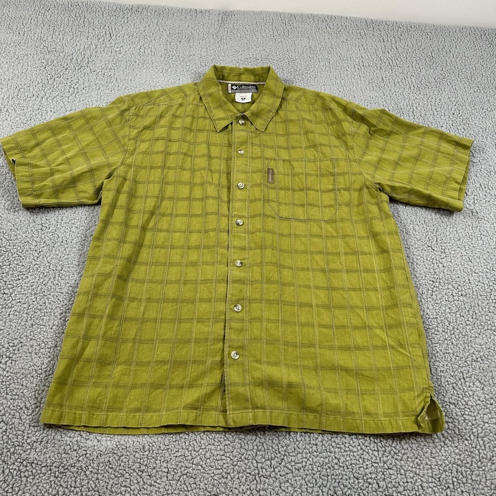 Columbia Shirt Mens Medium Green Plaid Short Sleeve Button Up Casual Outdoor